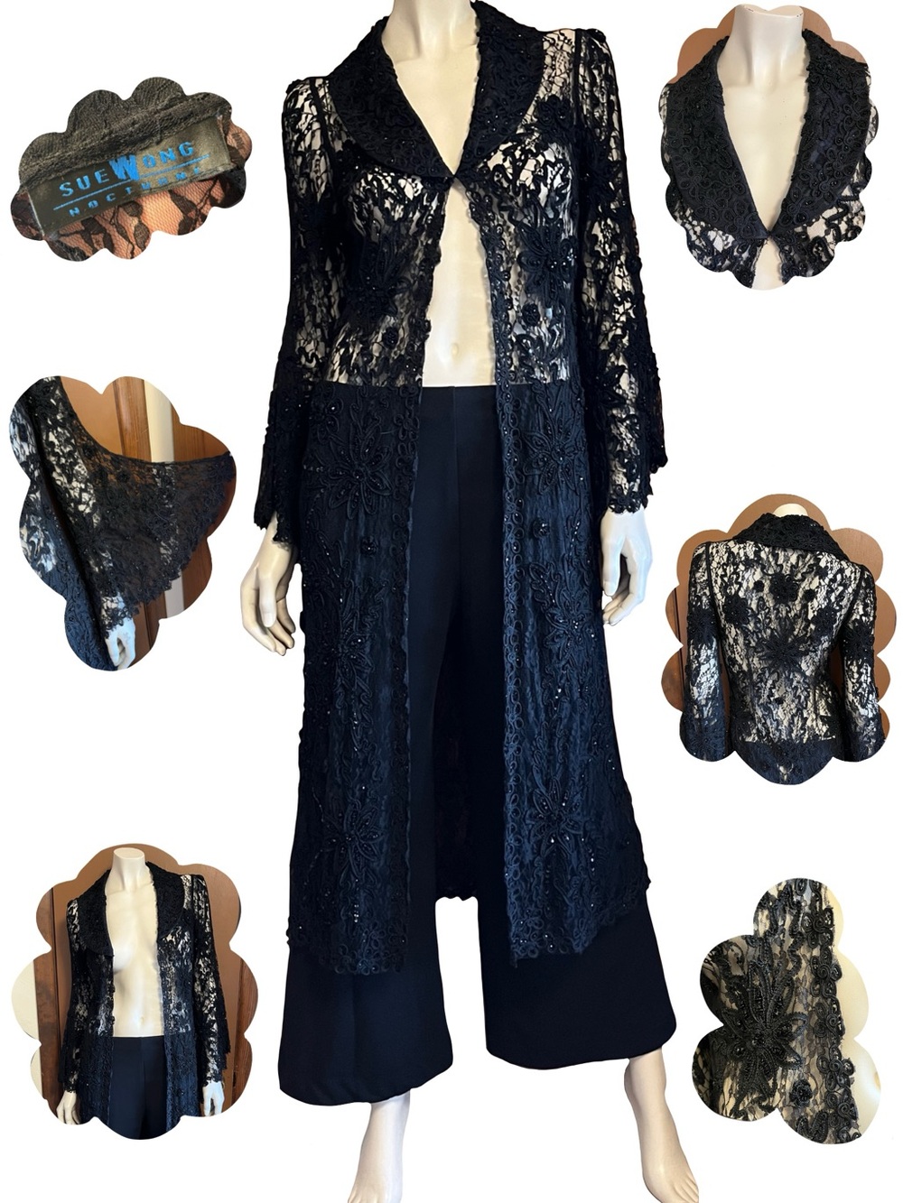 Designer Sue Wong Black Lace Beaded Duster/ Coat w/ Bell Sleeves